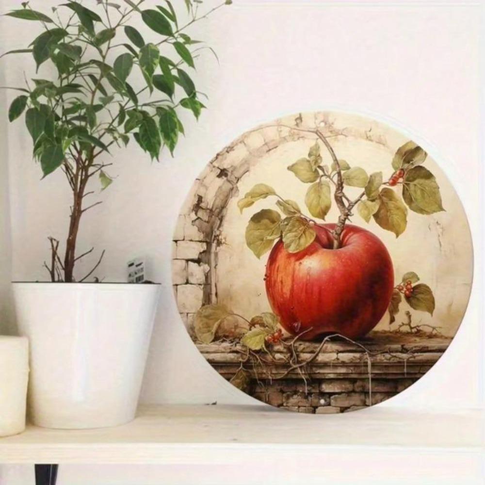 Tin Plate Art 2D Retro Hippie Round Wreath with Red Apples Green Leaf Wall Decor