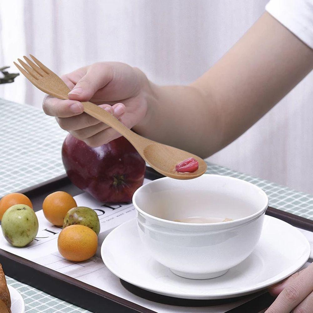 1PC 2 in1 Dual Head Soup Spoon Fork Natural Wood Cutlery Dinner Tableware Set DIY Home Kitchen Accessories Flatware