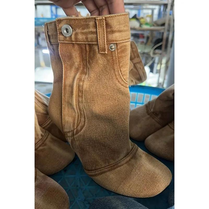 Móda Jaro Podzim Nové Nepravidelný Podpatek Okraj Džínové Sukně Kotníkové Boty Evropský Americký Dámský Šitý Vysoký Podpatek Módní Krátké Boty