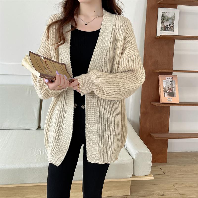 V Neck Loose Casual Cardigan Long Sweater Knitted Women Jacket Autumn and Winter Simple Solid Color Versatile Button Fashion Elegant Long Sleeve Coats