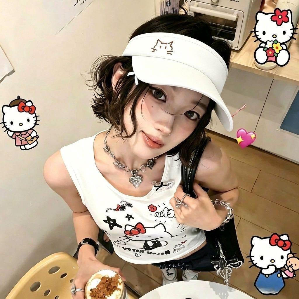 Cute Kitten Cartoon Empty Top Hat Female Summer Sunshade Sunscreen Ponytail Student Outdoor Sweet Sun Hat