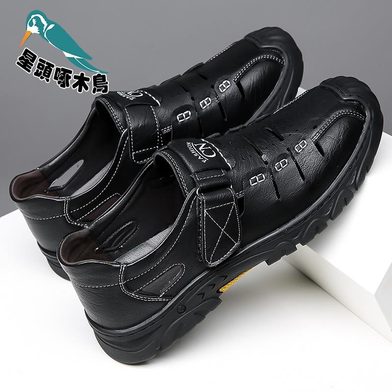 

Woodpecker men s shoes summer new casual hollow breathable hole sandals men s leather shoes 38