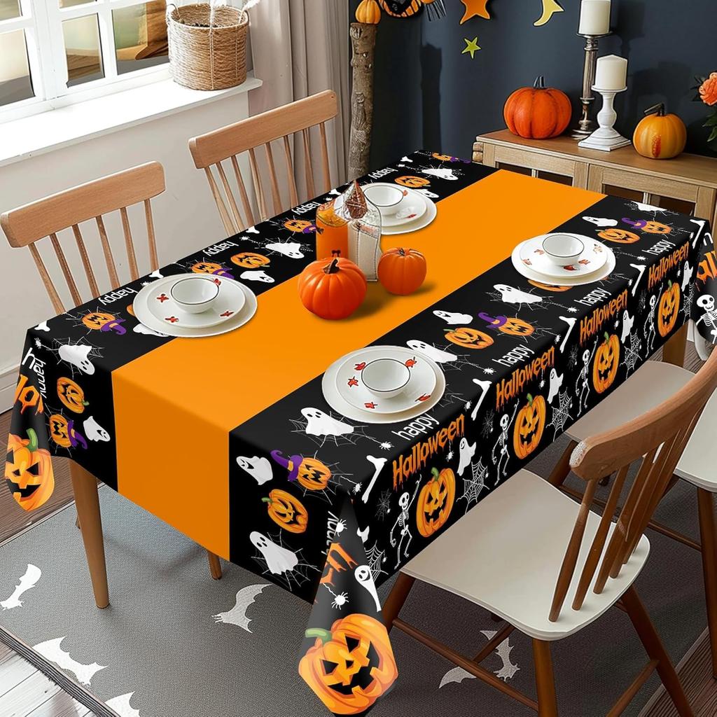 Childom 2 Pack Halloween Tablecloth,Halloween Decorations 54x108 Inch Disposable Plastic Table Cover for Rectangle,Pumpkin Spider Web Ghost Table