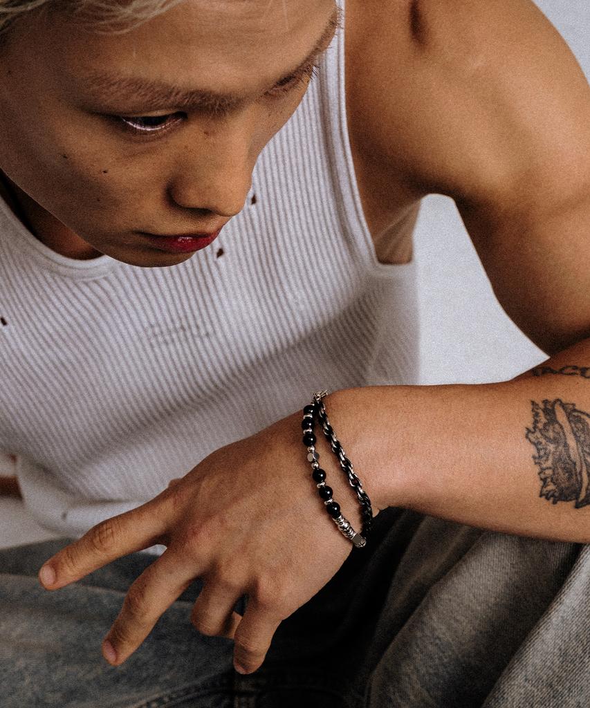 Scalettoblack Urm014 Layered Chain & Stone Bracelet