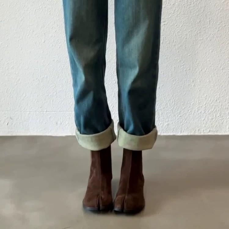 Sheepskin version~ Korean version of niche pig's trotters split-toed boots Chelsea boots Martin boots women's autumn and winter velvet versatile sh