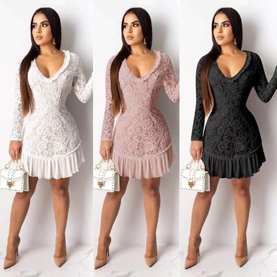 Women Sexy Lace Backless Short Dress Slim Long Sleeve Chiffon Dresses