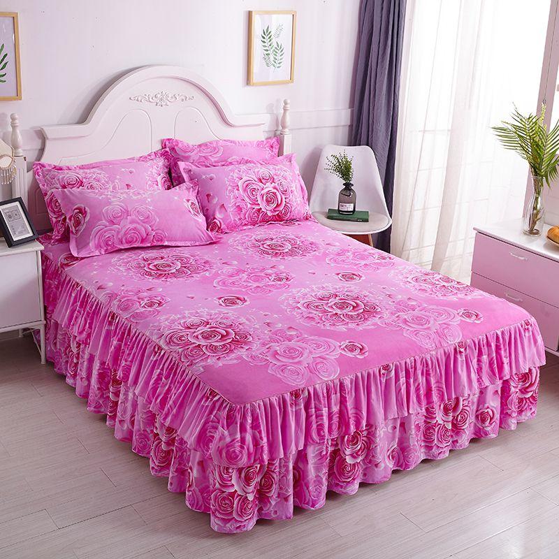 Print Soft Bed Skirt Home Bedroom Double Layers Bed Skirt Bedsheet Bed Cover Skirt Non-slip Mattress Cover Couvre Lit Bedspread
