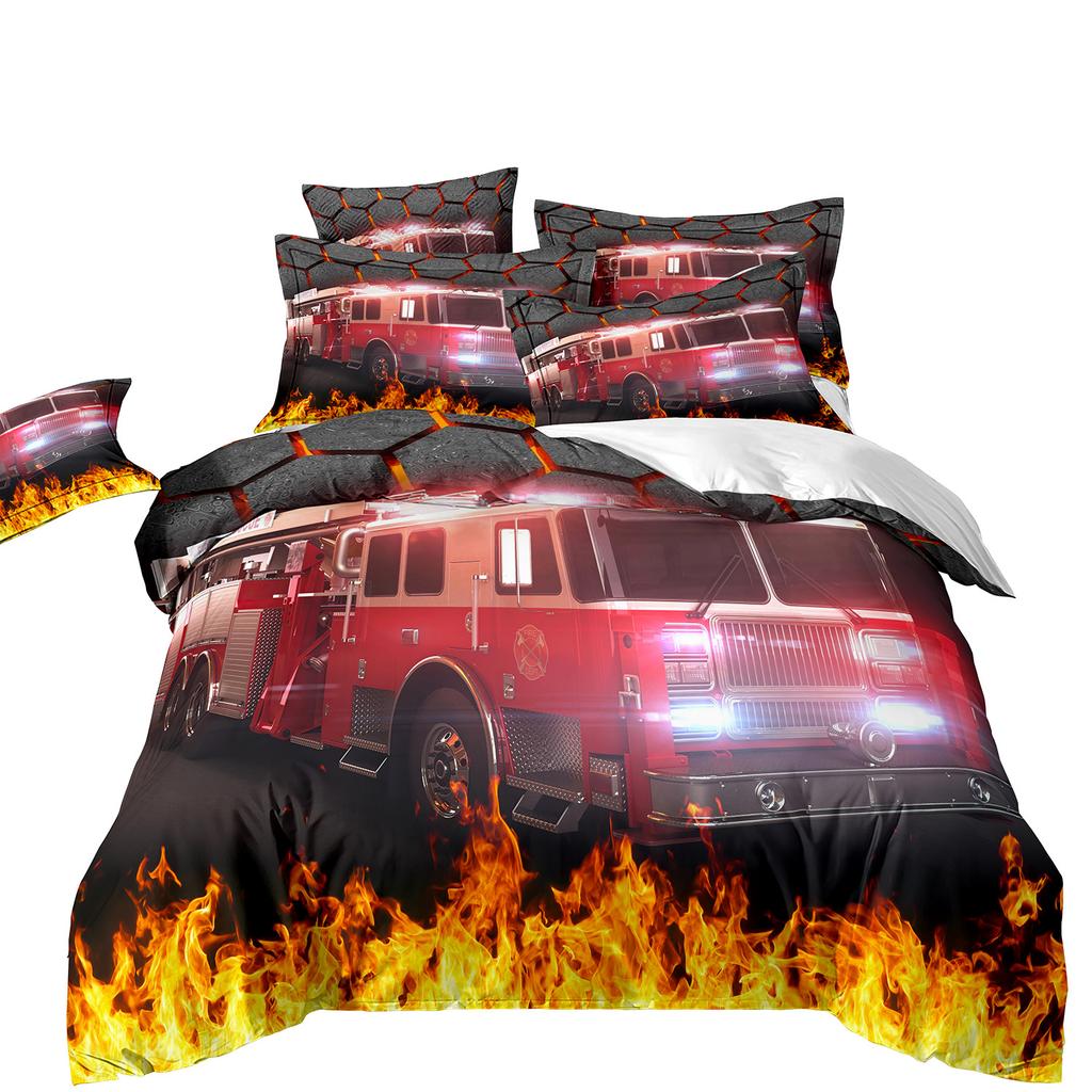 Bedding Three-Piece Set 3D Digital Printing Cartoon Fire Truck Children'S Polished Duvet Cover