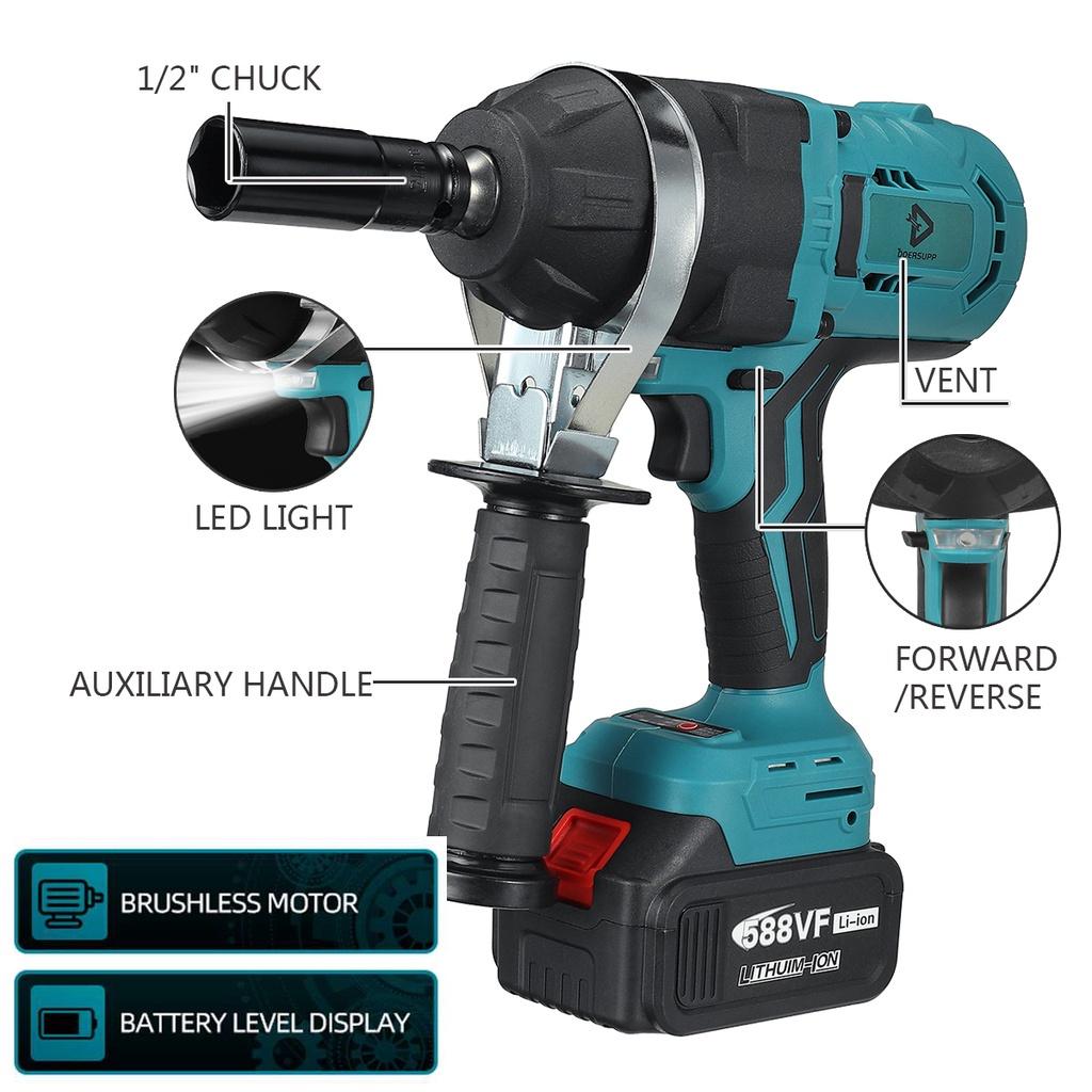 2180N.m High Torque Brushless Electric Impact Wrench 1/2 inches Socket Wrench Cordless Driver Tool for 1pc / 2pcs / None 18V Battery