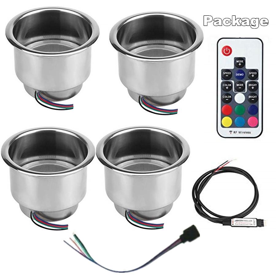 4x Stainless Steel Car Cup Drink Holder 14 LED w/ Remote RGB Lights for Truck RV