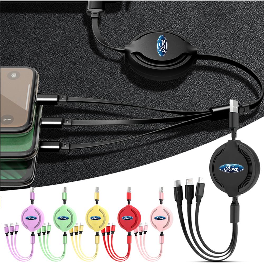 Retractable Car Phone Fast Wire Charging Three-head Data Cable For Ford Focus mk2 mk3 Fiesta mk7 Ranger Mondeo mk4 S-MAX Kuga