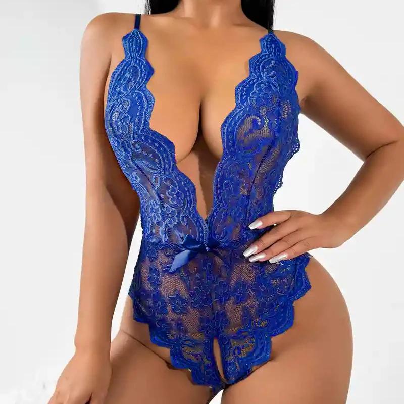 Hot Sex Se Gjennom Sexy Undertøy Dame Åpent Skritt Pyjamas Porno Hollow Out Deep V Skrittløst Undertøy Erotiske kostymer