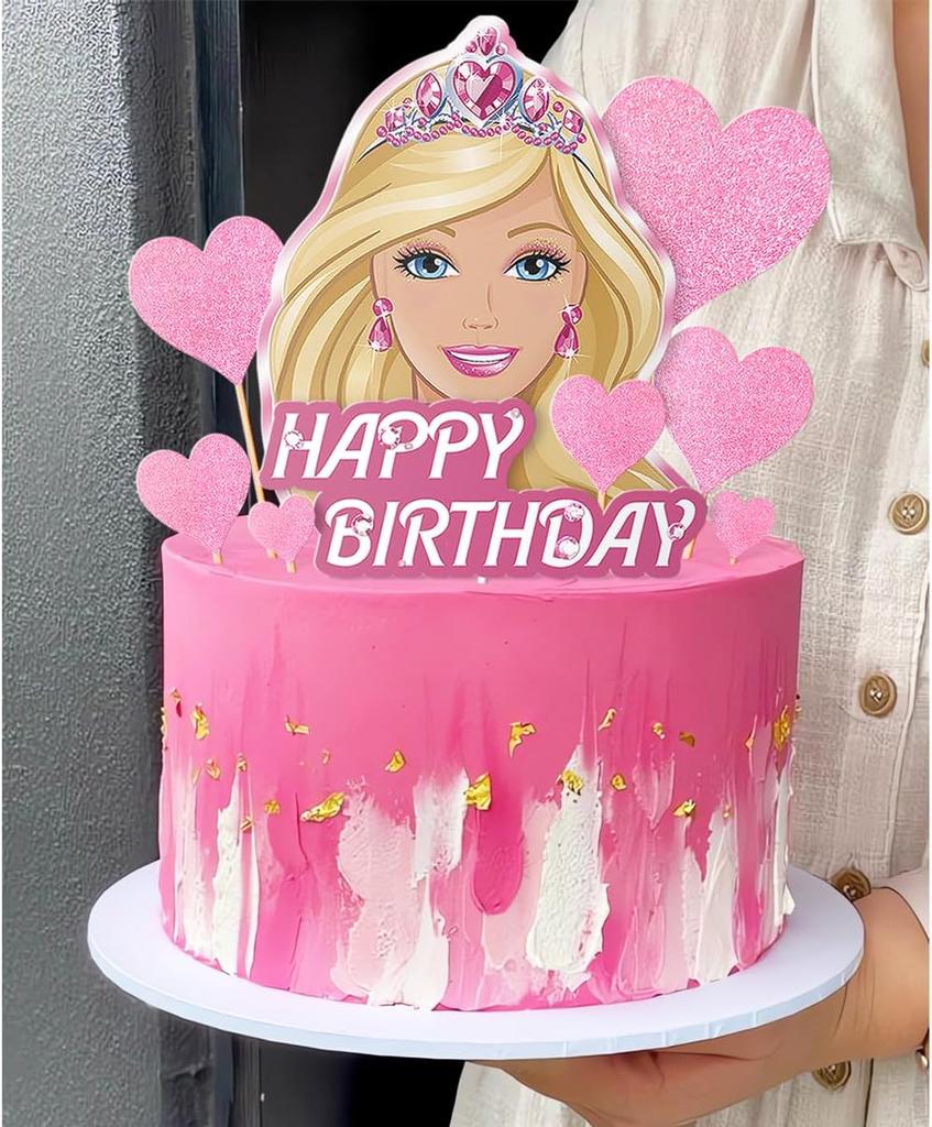 Girl Cake Topper Set, Glitter Happy Birthday Toppers Heart Party Supplies Favor Decorations Pink