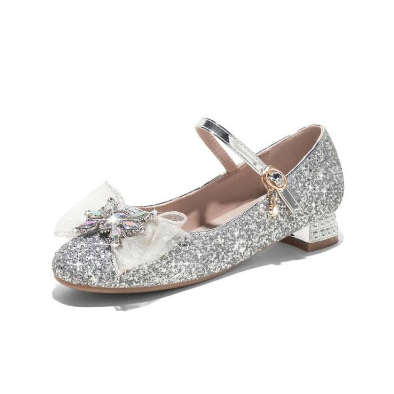 Four Seasons Girls Single Shoes Comfortable Sequins Performance Crystal Shoes Bow Princess Shoes New Soft Sole Children's Leather Shoes Women