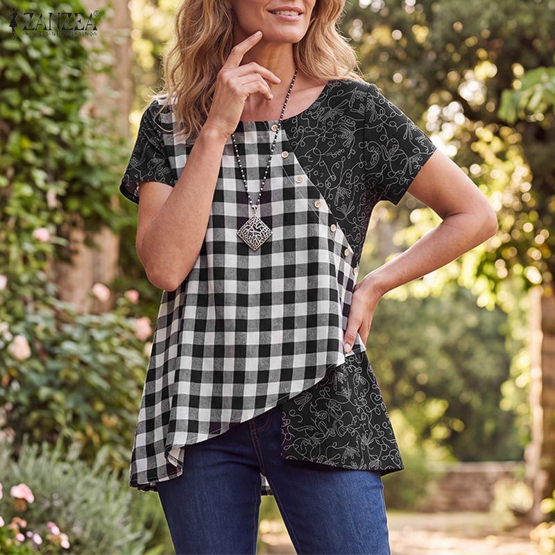 ZANZEA Women Casual Round Neck Summer Short Sleeve Print Blouse