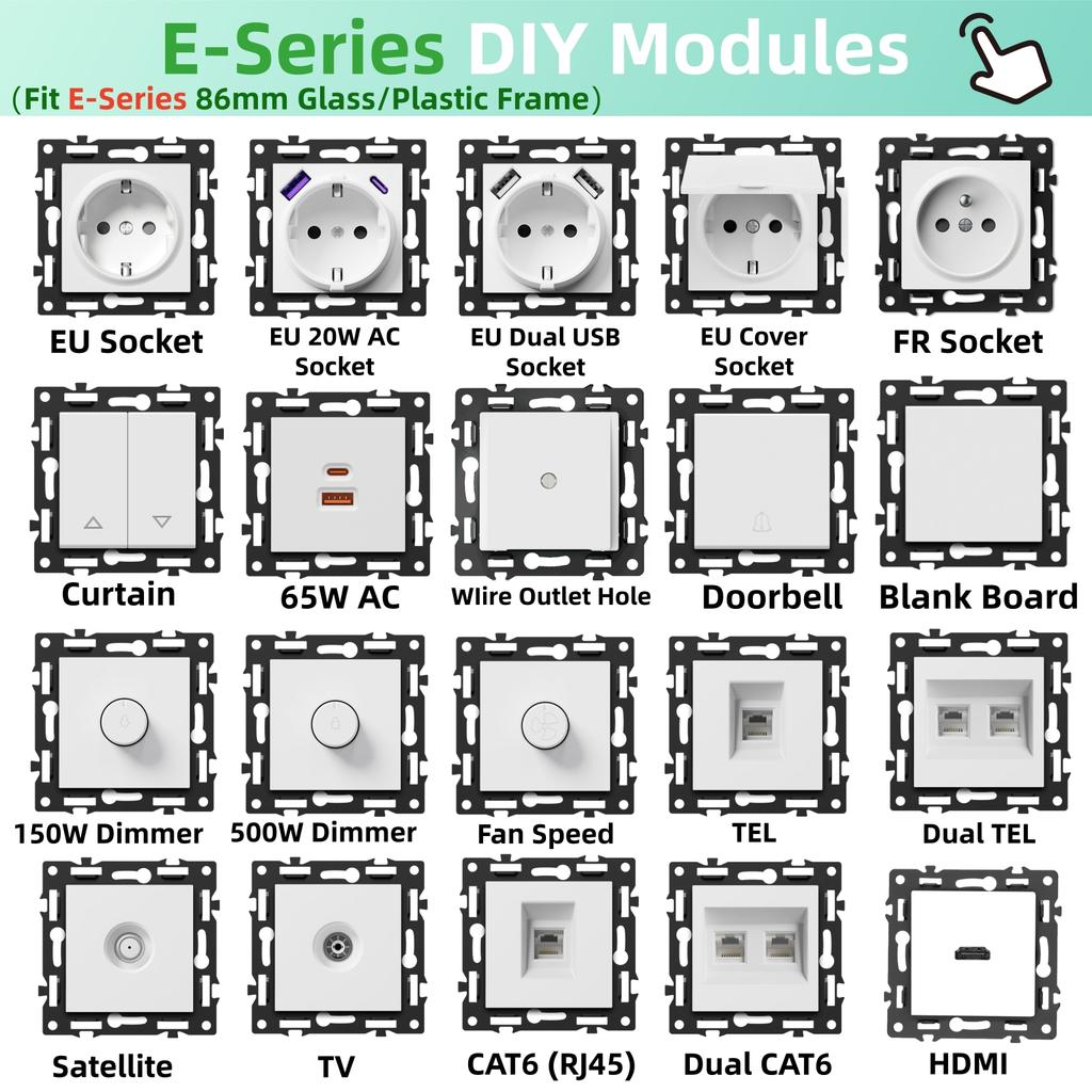 BSEED Zigbee Click Switch Modules No Need Neutral Wire Light Part Smart Sockets DIY Combination 86mm Glass Frame ST TV Cat6 Key