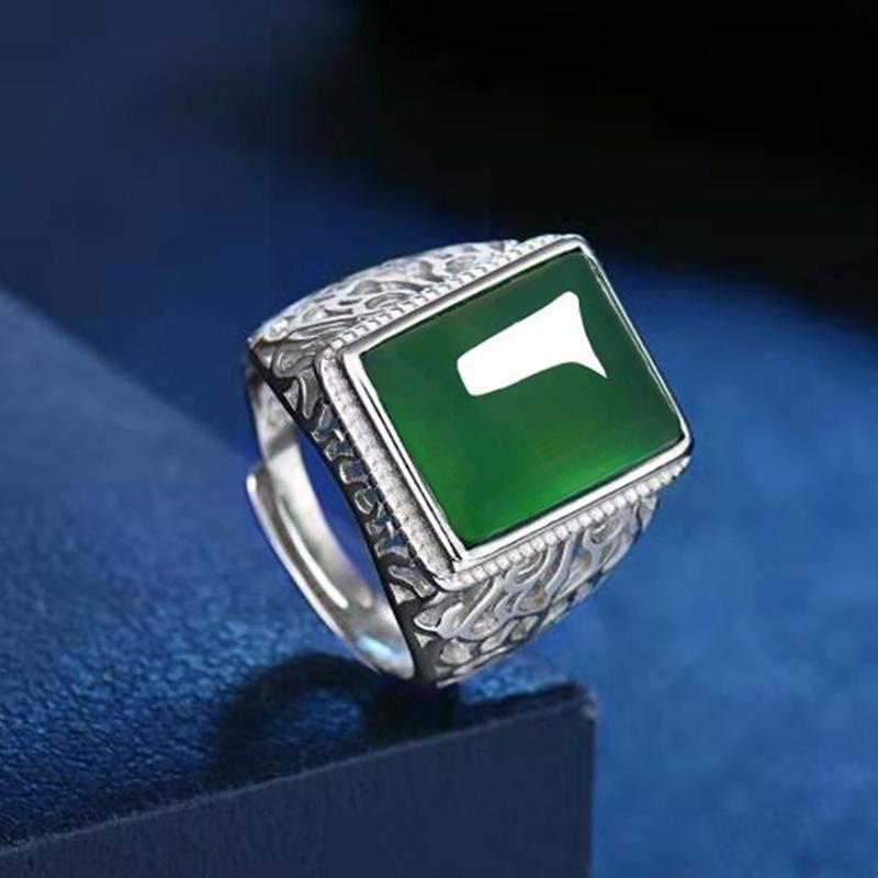 Fingerschmuck im ethnischen Stil, hohl geschnitzter ovaler grüner Achat, Retro-Ringe aus 925er Sterlingsilber für Männer, Accessoires für den Alltag