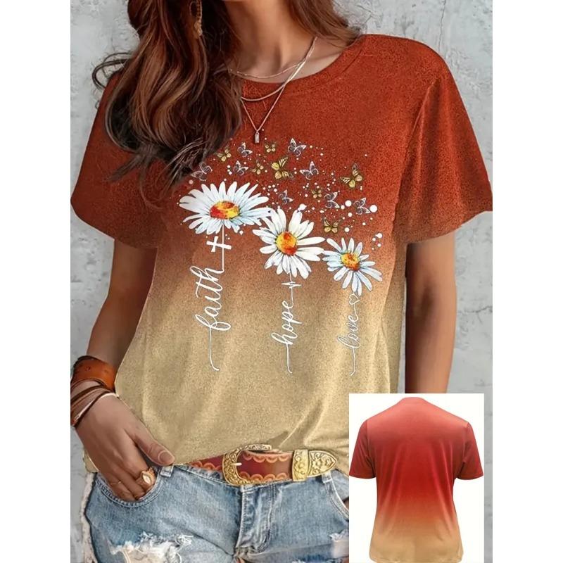 Summer Round Neck Women's T-shirt Fashionable 3D Flower Print Short Sleeved Casual Top Y Street Women's Clothing