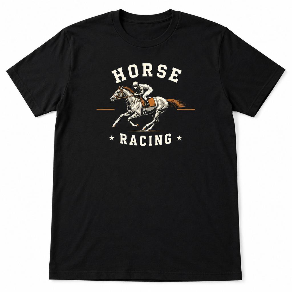 Horse Racing Graphic T-Shirt Black Galloping Horse Jockey Sports Fan Tee