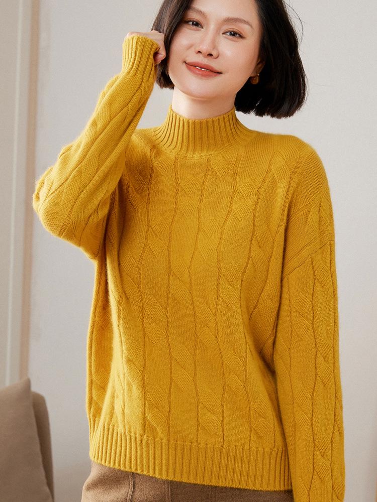 Women's Cashmere Cable Knit Sweater - Half-High Neck, Thick, Loose Fit, Versatile Slimming Knitwear for Autumn/Winter