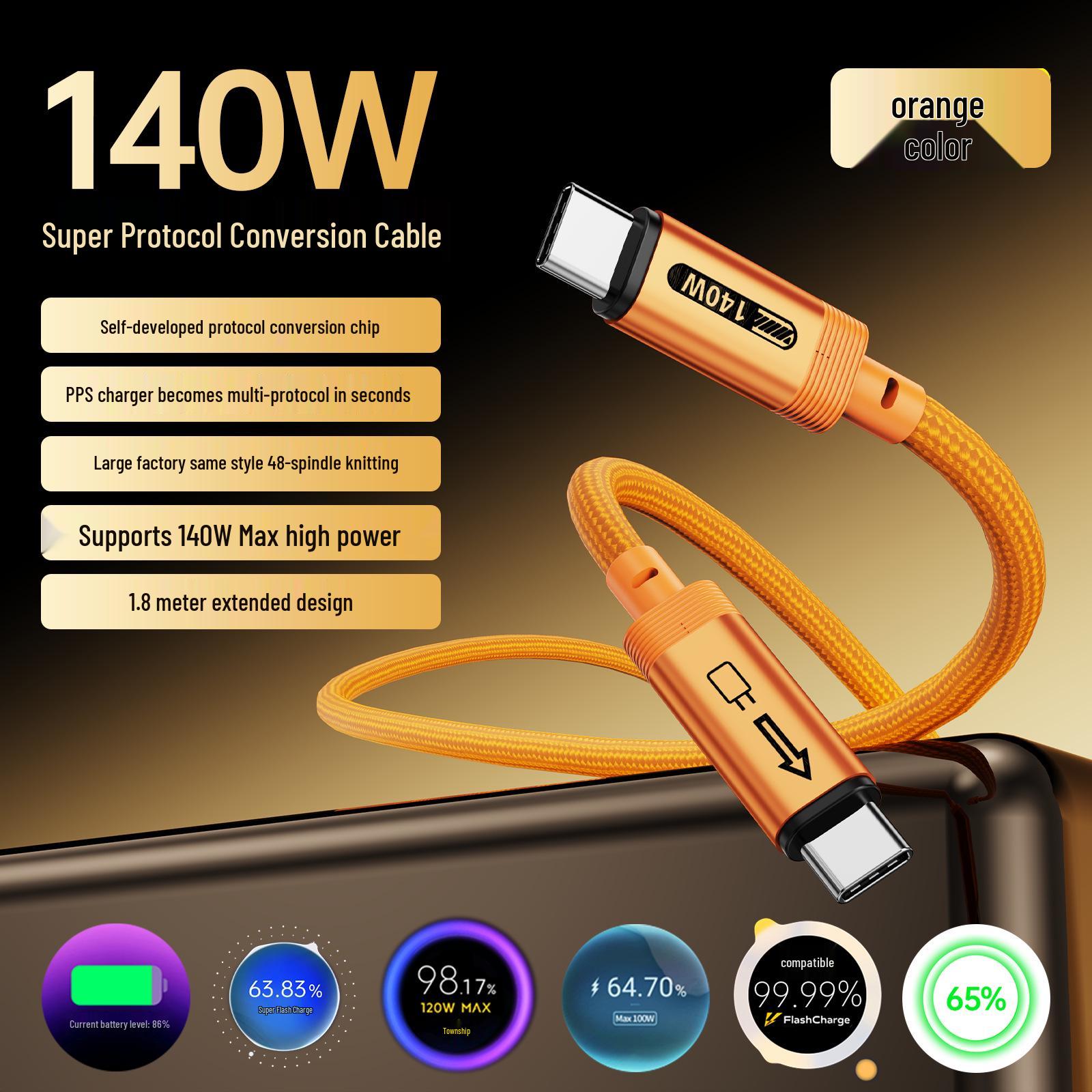 

Кабель для швидкої зарядки 140 Вт: Сертифікований 48-жильний плетений кабель 6A Flash Charge