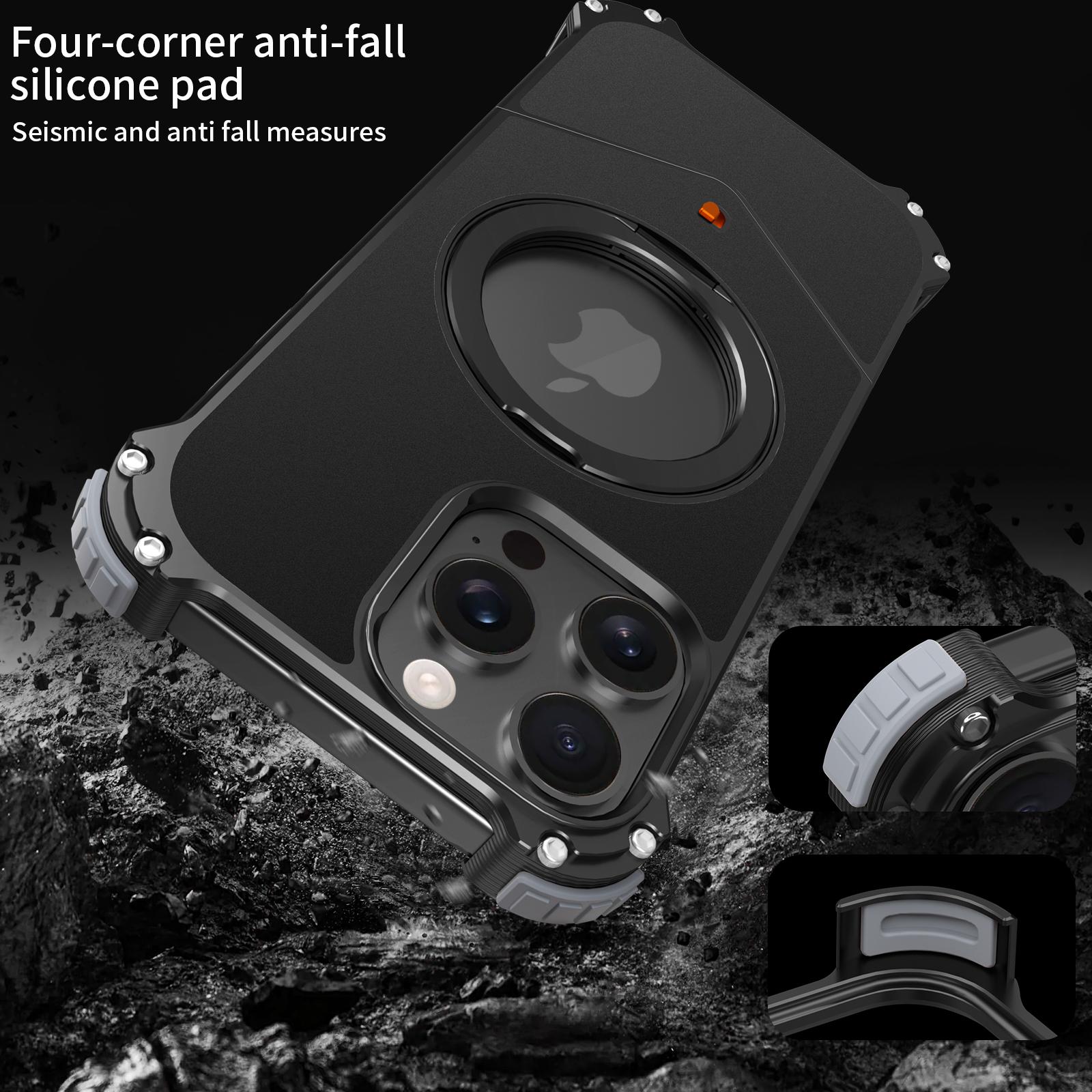 

For iPhone 16 Pro Max Case PC+Metal Boardless Phone Back Cover with Kickstand Black