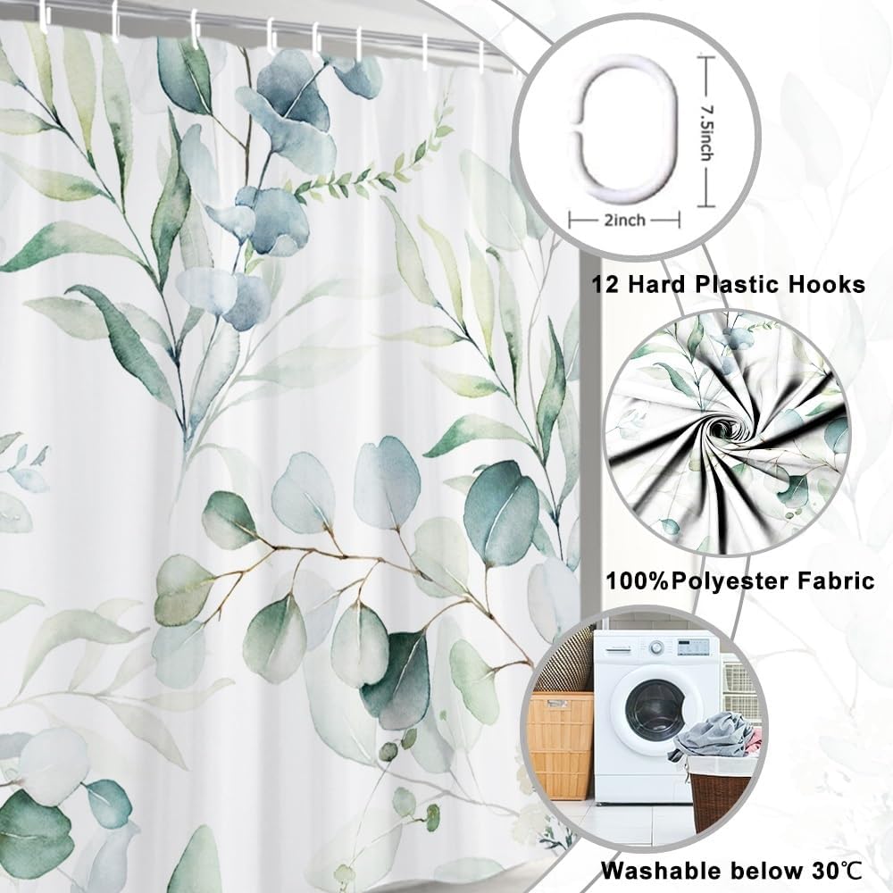 Green Plant Leaf Pattern Shower Curtain Waterproof Polyester Fabric Bathroom Decorative Shower Curtain 12 Hooks