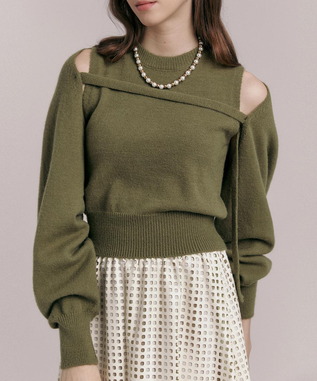 Maja Strap Bolero Cardigan Sleeveless Knit Set Khaki/Free