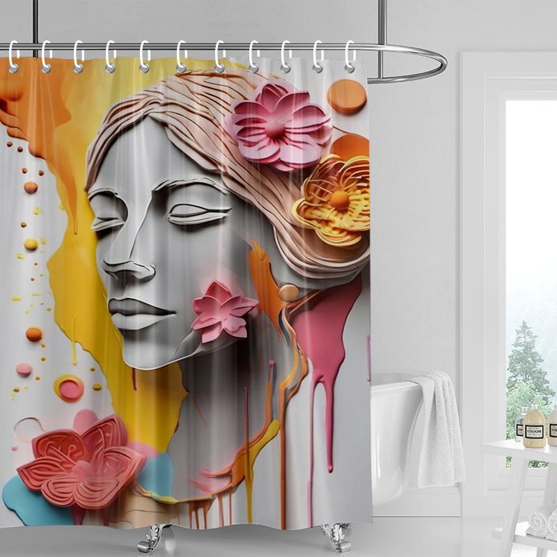 Marble Textured Shower Curtain-Classic Bust Sculpture with Crack Stone Effect, Waterproof Art Bathroom Decoration