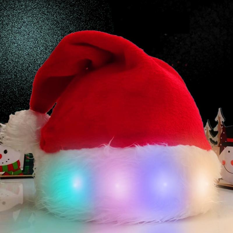 LED Christmas Hat, Light Up Christmas Hat Unisex Plush Beanie Holiday Hat with White Brim Christmas Party Props