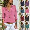 Womens Fashion V Neck Shirts Long Sleeve Tops Pockets Design Blusas Turn Down Collar Shirts Solid Colors Femininas
