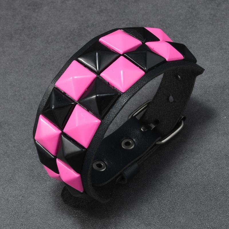 Studded Cuff Bracelet Double Row Square Studs Adjustable Closure PU Strap Punk Wrist Bangle for Concert Streetwear