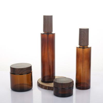Amber-Yellow Glass Lotion Bottle Dark Wood Grain Cover Spray Milk Bottle Spray Bottle Pump Bottle Cream Bottle Eye Cream Storage Bottle