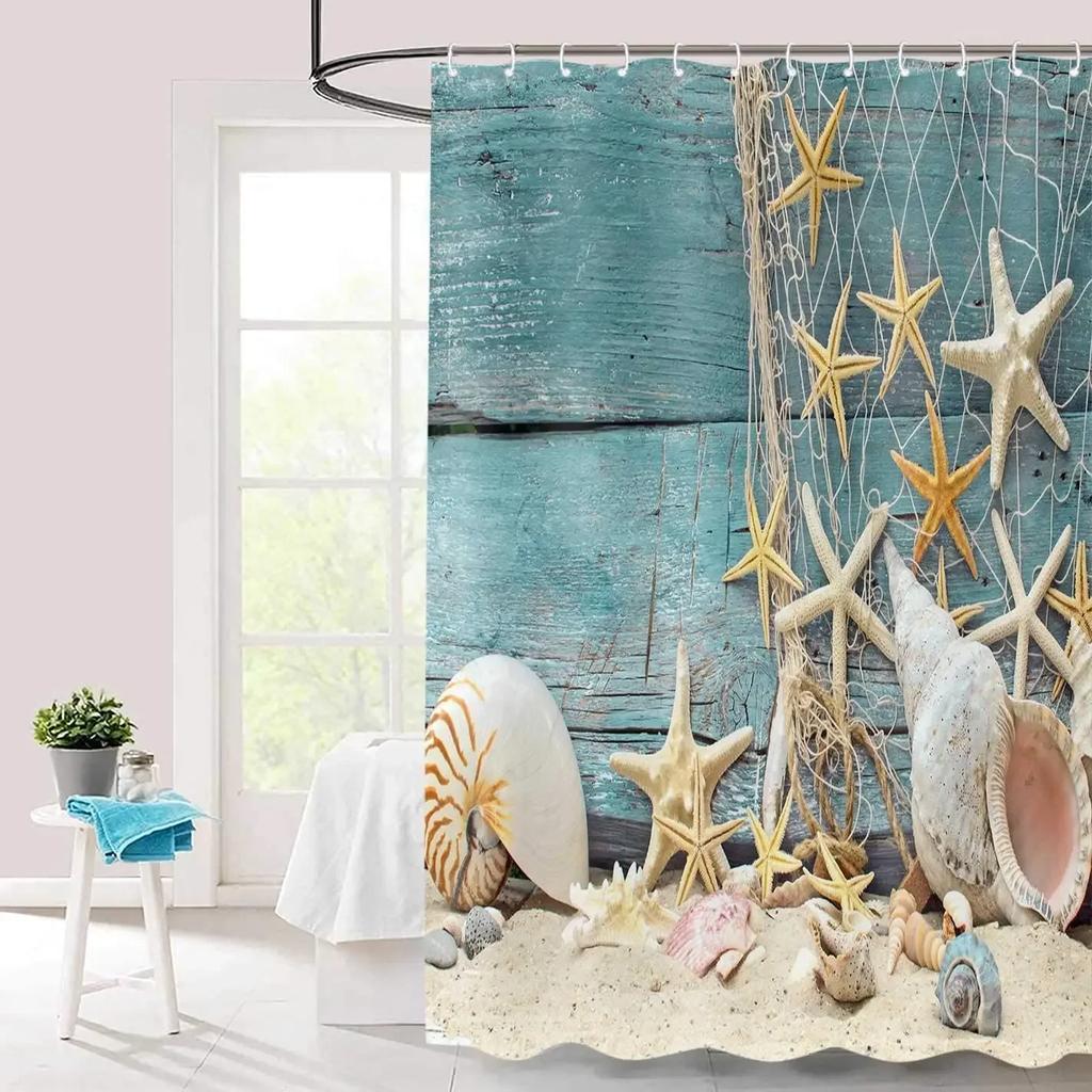 Seashell Shower Curtain Summer Beach Starfish On The Coastal For Bathroom Curtain Polyester Fabric Bathroom Accessories Set