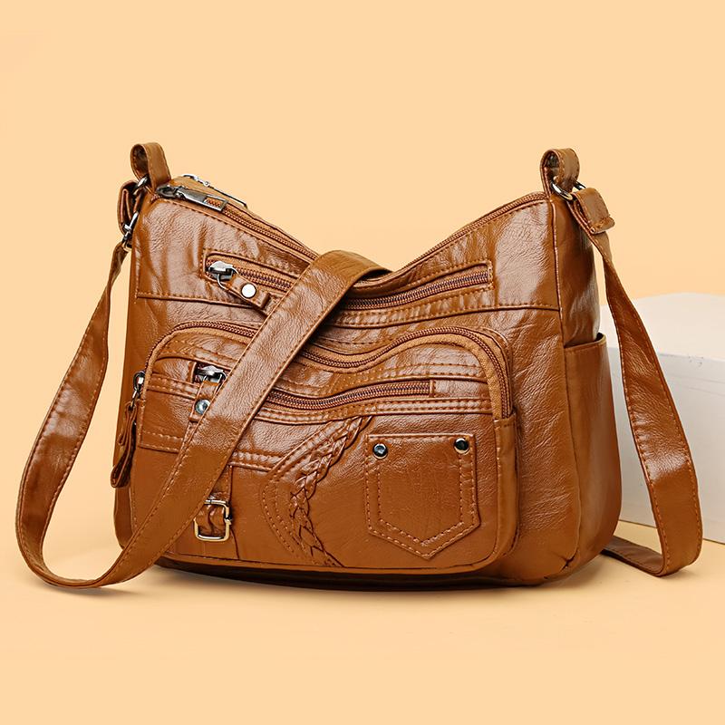 Multi-Layer Soft Leather Bag Women's Crossbody Bag Mobile Phone Bag Mother Shoulder Bag Middle-Aged Bag