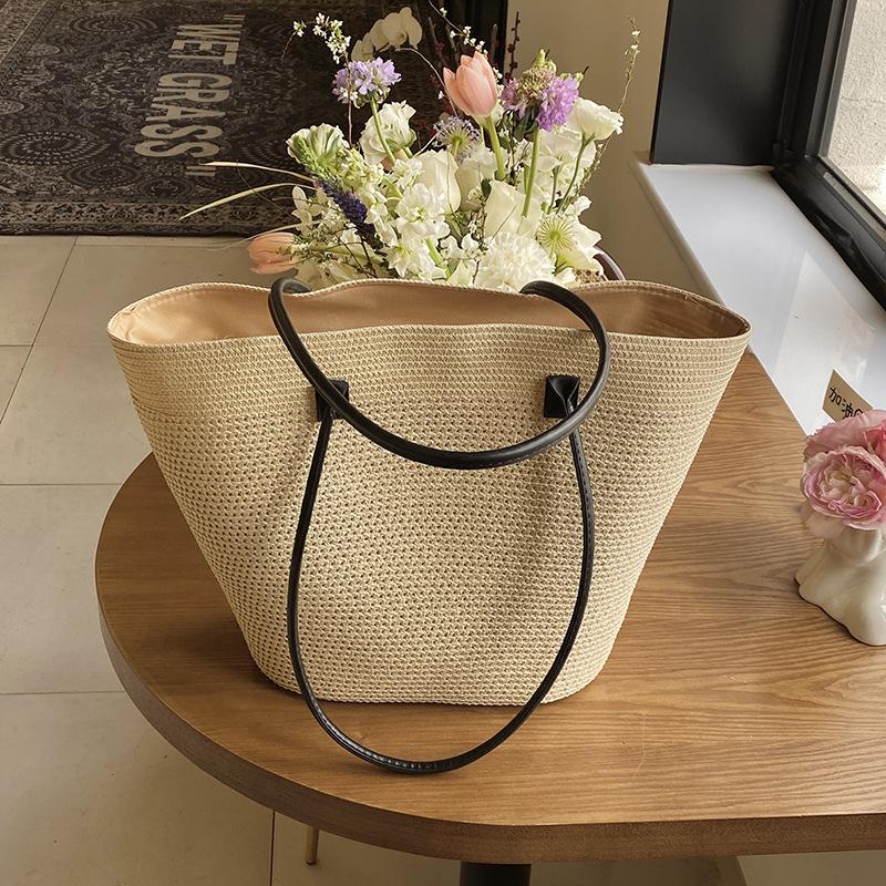 

Модна плетена сумка великої місткості жіноча сумка нова проста солом яна сумка пасторальна на плече сумка-кошик для овочів бежевий