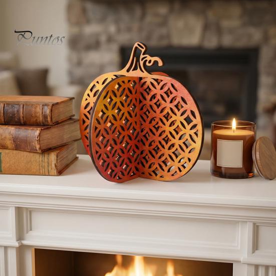 Decorative Wooden Pumpkin Figures Thanksgiving Decor, Vintage Striped Hollow Carved Ornament Rustic Fall Home Decor for Party, Table Centerpiece,