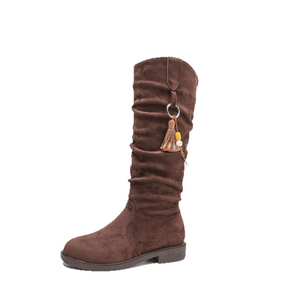 Vintage suede pleated tall boots women's autumn large size fringed British style sleeve stacking boots