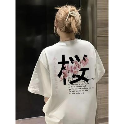 Summer Women's Y2K Floral Print Cotton T-Shirt Black Cherry Blossom Japanese Text Design Round Neck Short Sleeve Casual Top