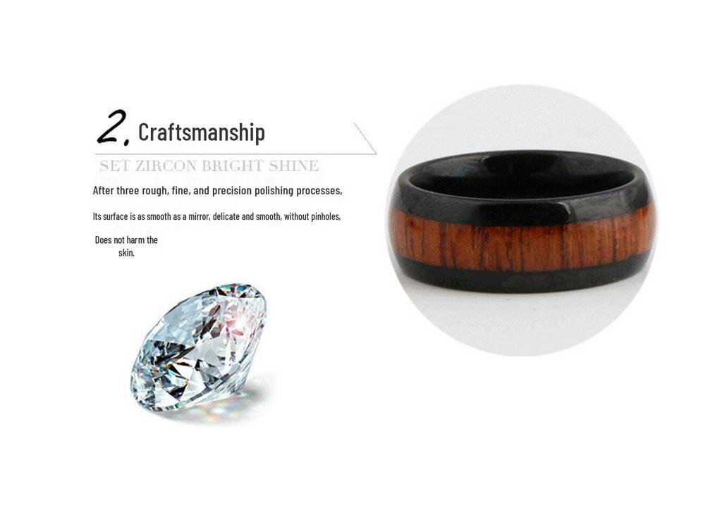 Elegant European & American 8MM Stainless Steel Pinky Ring with Black Wood Grain