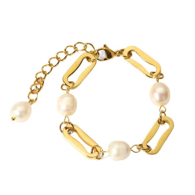 Ins Fashion Baroque Freshwater Pearl Cuban Chain Jewelry 18k Gold Plated Stainless Steel Waterproof Bracelet Jewelry