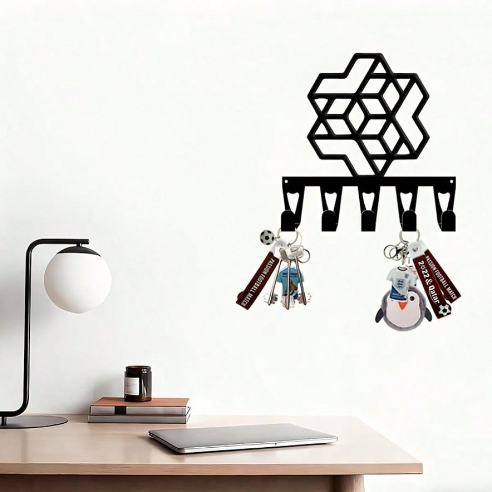Modern Hexagon Wall Mounted Key Holder with 5 Hooks, Forged Iron Craft Geometric Entryway Decor