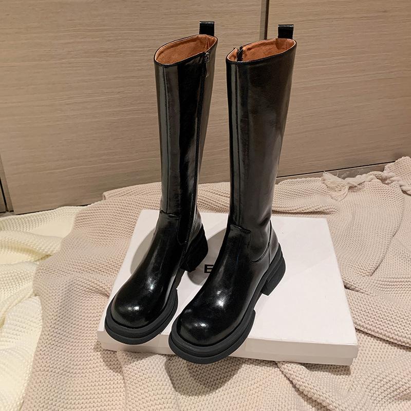 Raised thick-soled but knee-high boots for women's 2025 autumn new round-headed knight boots muffin-bottom high boots