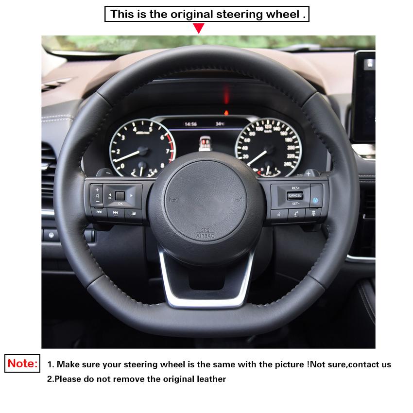 Schwarzes, handgenähtes, weiches und rutschfestes Kunstleder-Lenkradbezug für Nissan Rogue Pathfinder Qashqai X-Trail 2021-2023