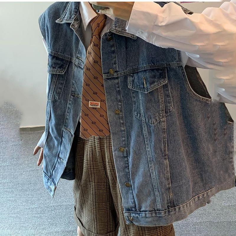 Gilet da Cowboy Primavera e Autunno Versione Coreana Personalità Largo Senza Maniche Clip per Cavallo Giacca Versatile Femminile