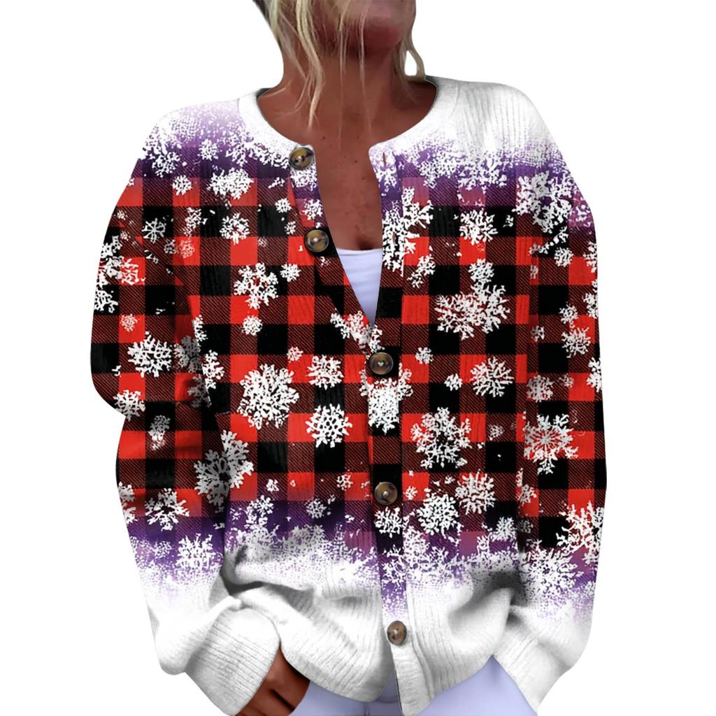 Women's Fashion Christmas Printed Long Sleeve Knitted Cardigan Button Down Jacket
