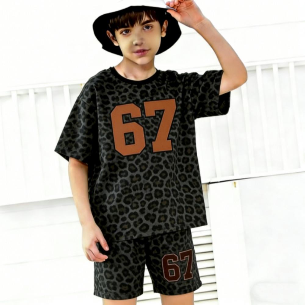Number 67 Leopard Colored Printed Kids T-shirt and Shorts 2 Piece Set Summer Casual Outfit for Boys and Girls Kids Clothing Top