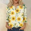 Women's Vintage Floral Print Henley Button Neck Three Quarter Sleeve Linen Cotton Shirt Casual Lightweight Blouse for Everyday Wear