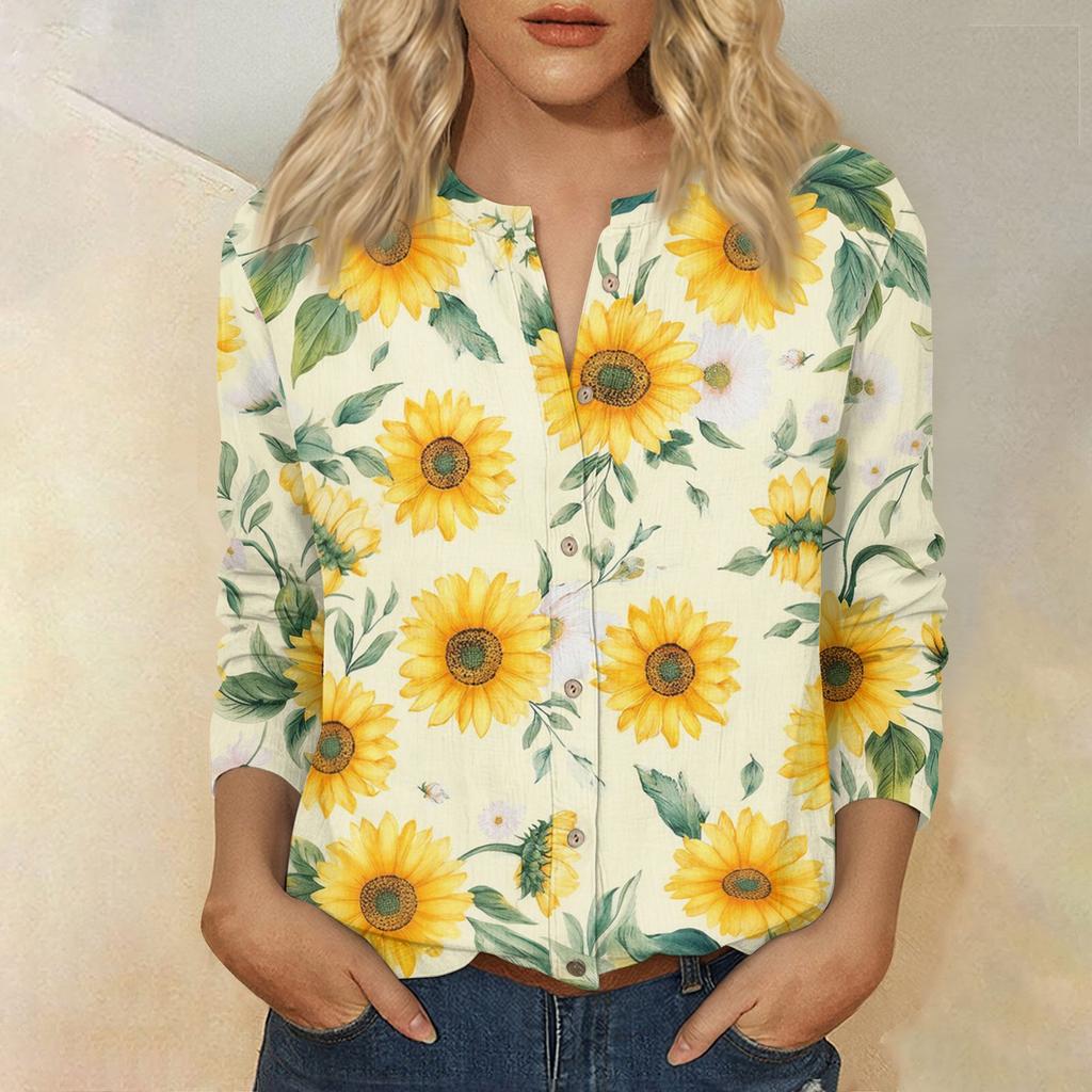 Women's Vintage Floral Print Henley Button Neck Three Quarter Sleeve Linen Cotton Shirt Casual Lightweight Blouse for Everyday Wear