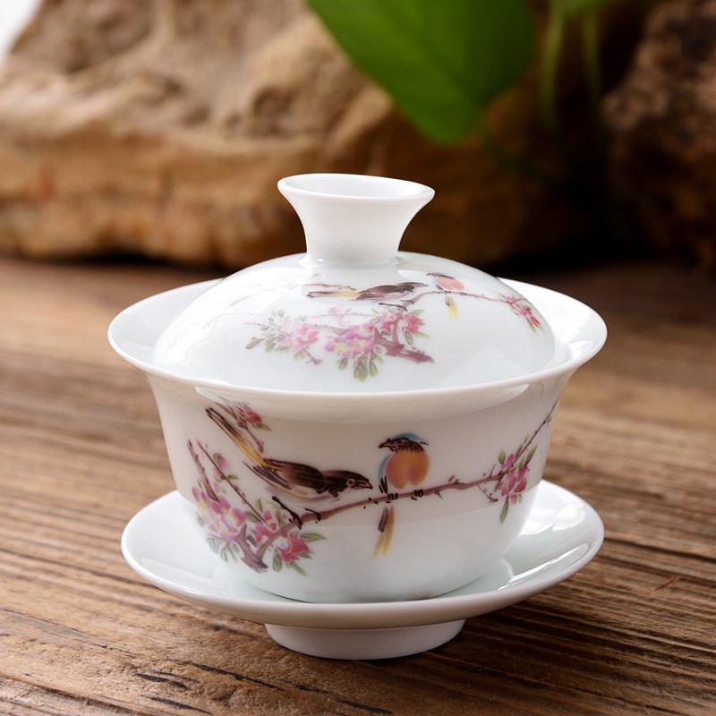 3.4-Inch Blue & White Ceramic Gaiwan Tea Set - 3-Piece, 100ml Capacity